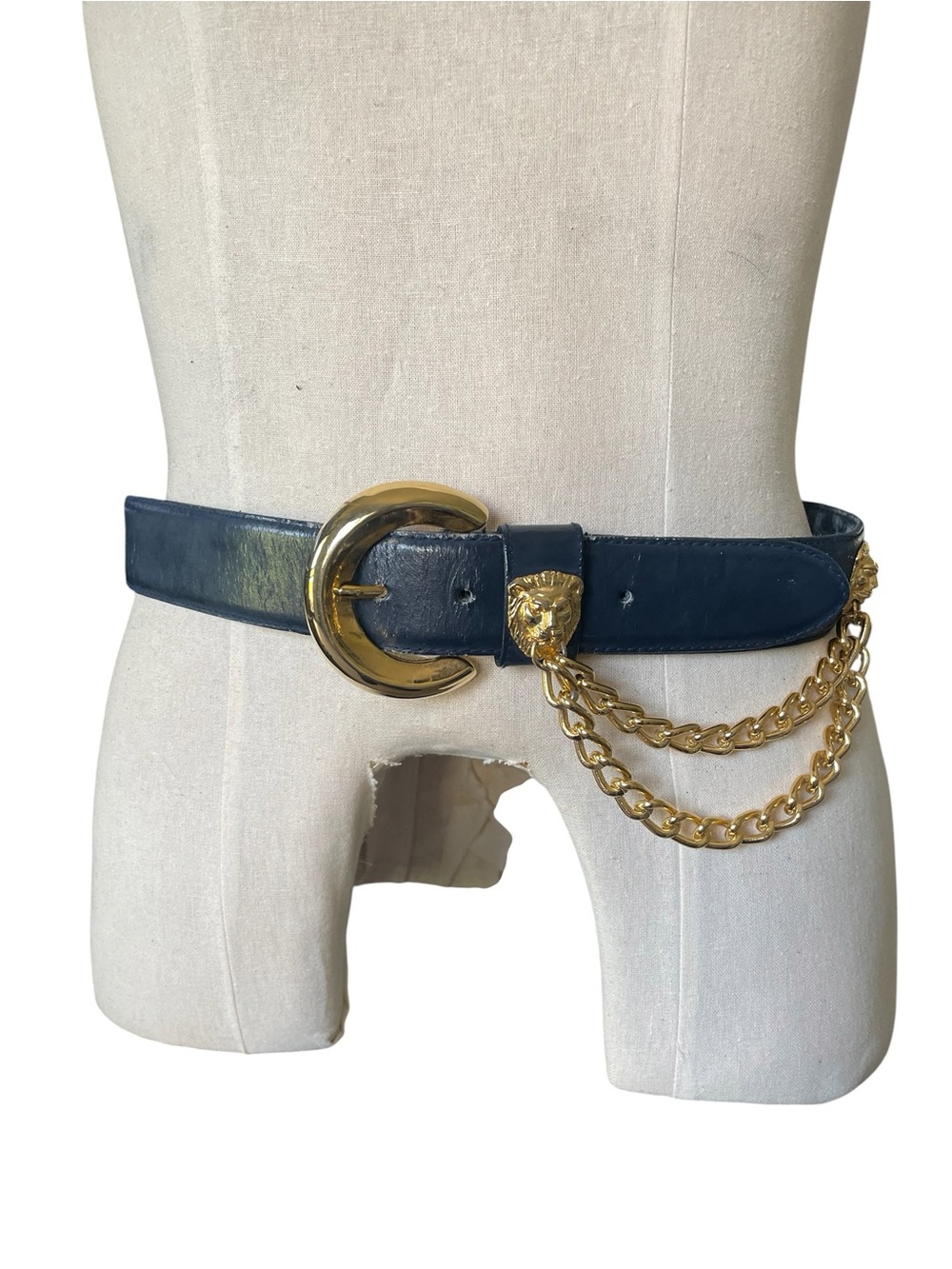 Vintage navy blue Leather Waist Belt with Gold Lion Accents and Double Chain